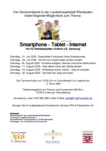 Smartphonekurs für Seniorinnen und Senioren Wiesbaden - Android Kursprogramm 07/08.2026
